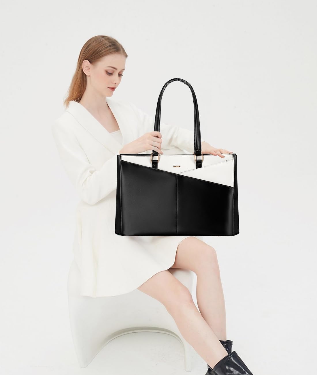 LOVEVOOK Laptop Tote Bag for Women 15.6 Inch Waterproof Leather Computer Bags Business Office Work Briefcase Black