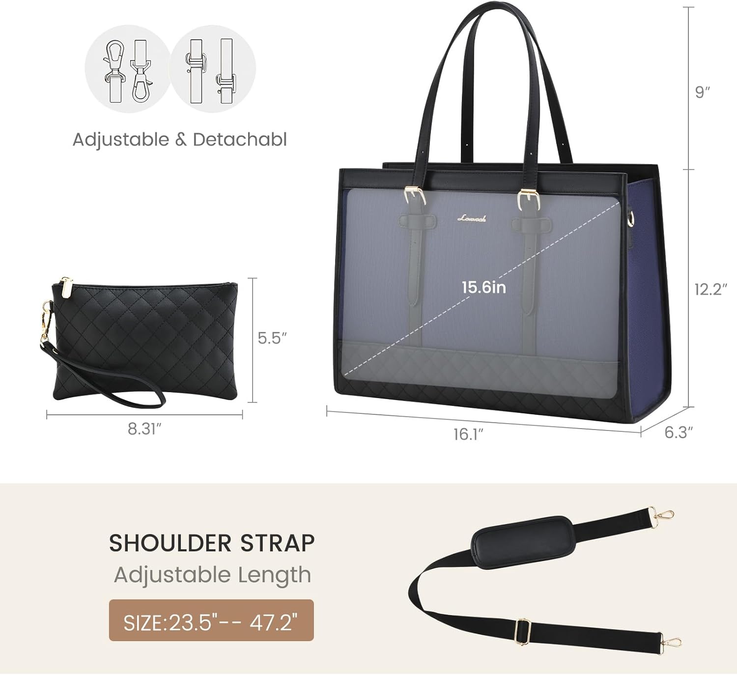 LOVEVOOK Laptop Bag for Women 15.6 inch Canvas Laptop Tote Bag, Large Capacity Work Bag with Clutch Purse, Computer Bag Office Business Briefcase, Casual Handbag for Travel College Teacher School