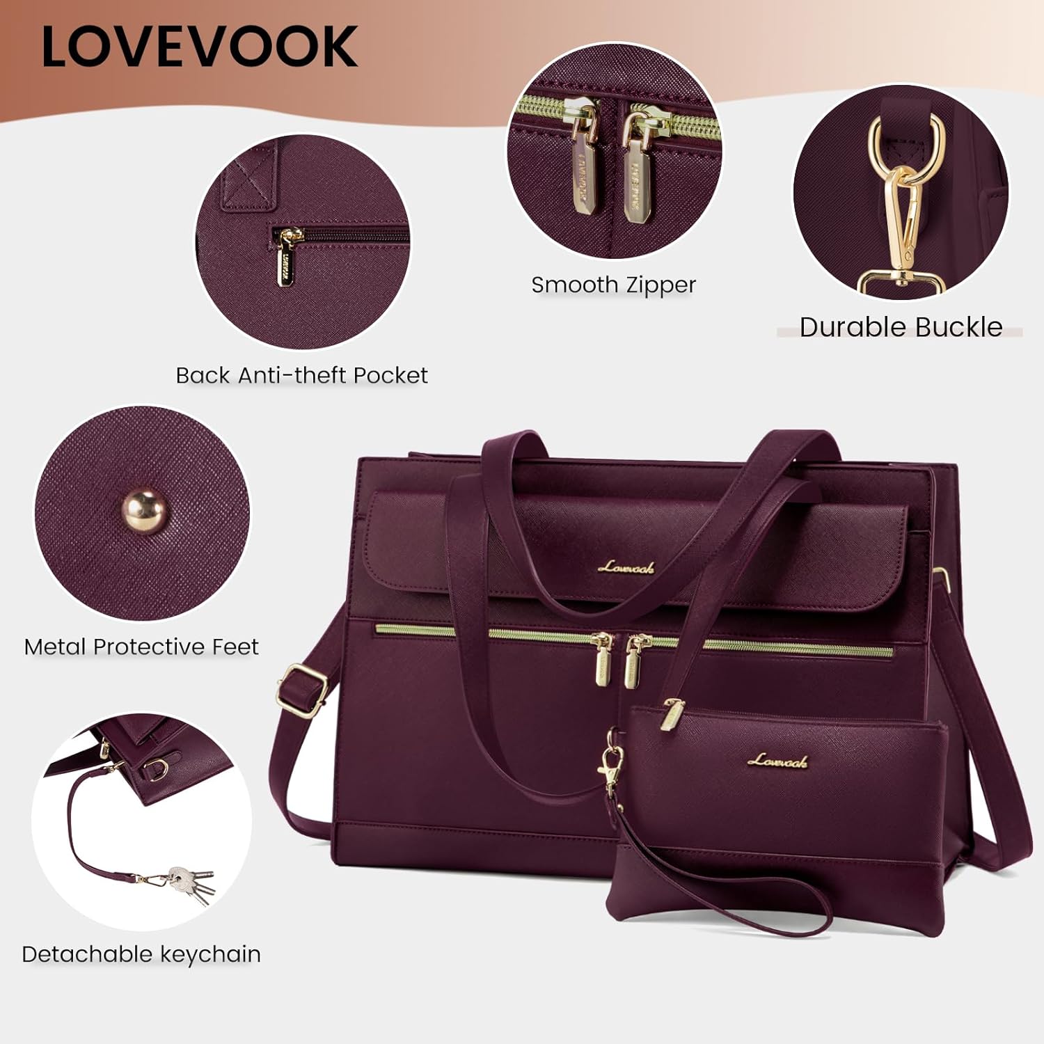 LOVEVOOK Laptop Bag for Women 15.6 Inch Tote Work Professional Leather Computer Briefcase Waterproof Handbag Shoulder Large Capacity Business Teacher Office Crossbody Purse