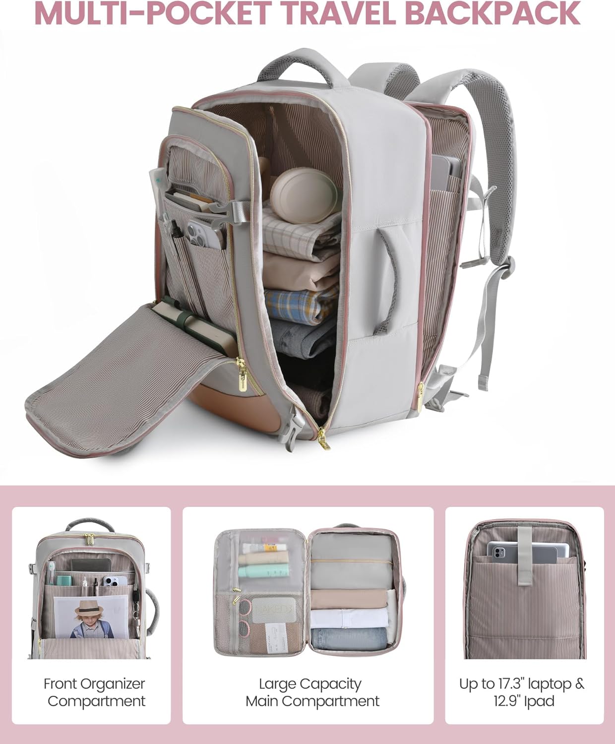 LOVEVOOK Travel Backpack for Women, 40L Carry On Backpack Flight Approved, Large Personal Item Bag Fits 17 inch Laptop, TSA Approved Luggage with 3 Packing Cubes,Waterproof Weekender Gym Daypack