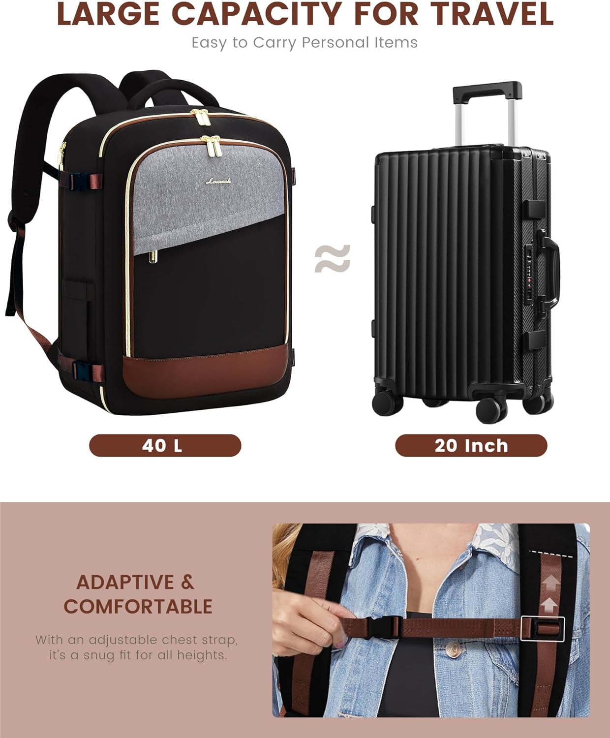 LOVEVOOK Travel Backpack for Women, 40L Carry On Backpack Flight Approved, Large Personal Item Bag Fits 17 inch Laptop, TSA Approved Luggage with 3 Packing Cubes,Waterproof Weekender Gym Daypack