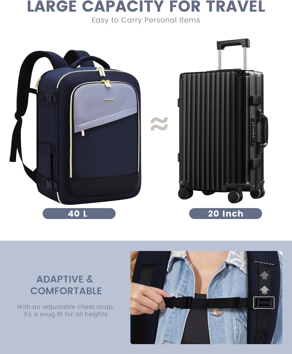 LOVEVOOK Travel Backpack for Women, 40L Carry On Backpack Flight Approved, Large Personal Item Bag Fits 17 inch Laptop, TSA Approved Luggage with 3 Packing Cubes,Waterproof Weekender Gym Daypack