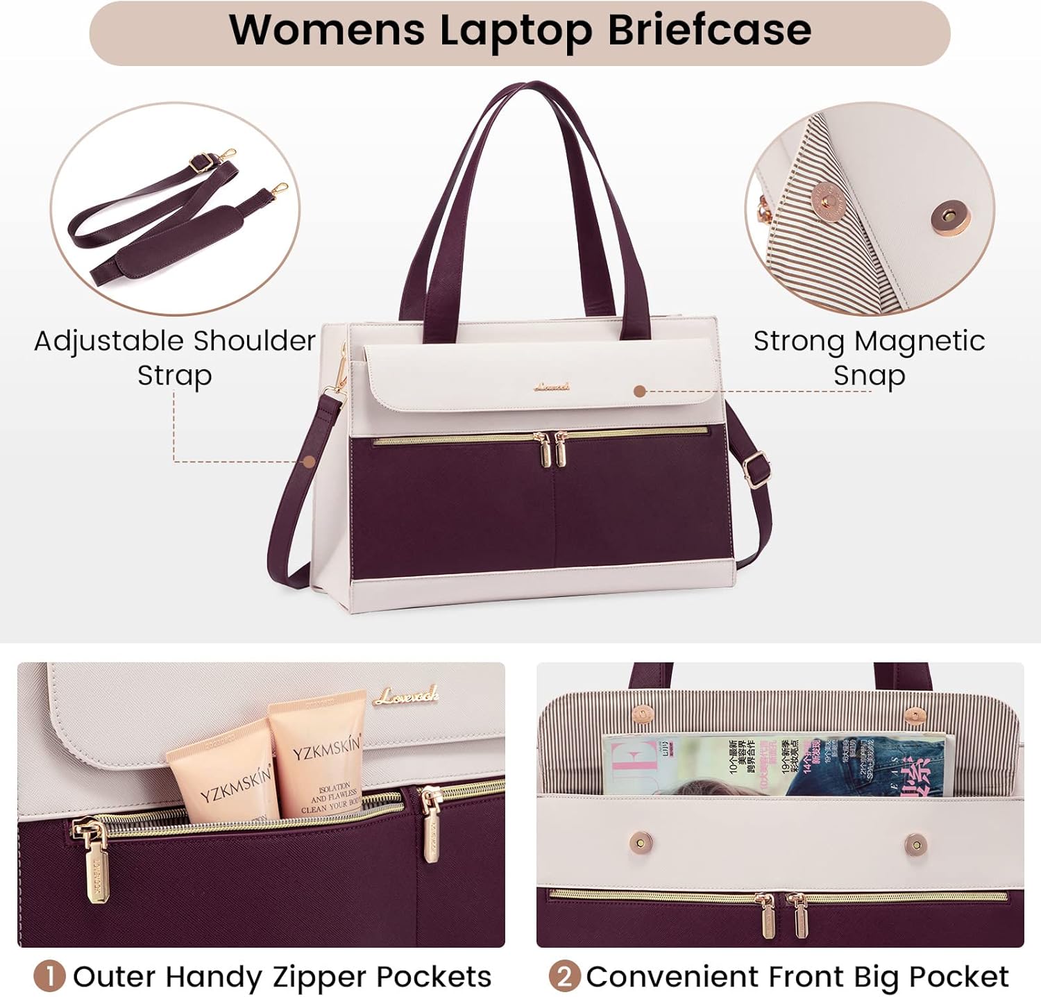 LOVEVOOK Laptop Bag for Women 15.6 Inch Tote Work Professional Leather Computer Briefcase Waterproof Handbag Shoulder Large Capacity Business Teacher Office Crossbody Purse