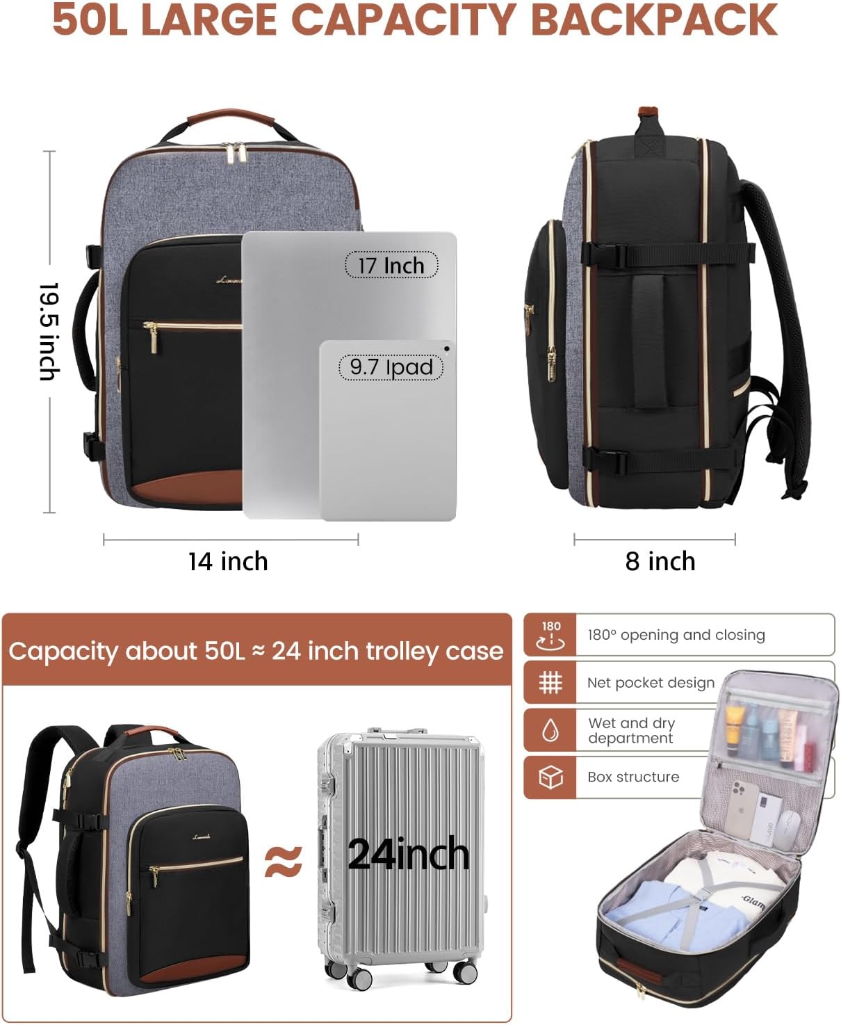 LOVEVOOK 40L Travel Backpack for Women & Men, Large Carry on Backpack for Airplanes with 3 Packing Cubes, TSA Personal Item Travel Bag fits 17" Laptop, Waterproof Weekender Essentials Airline Approved
