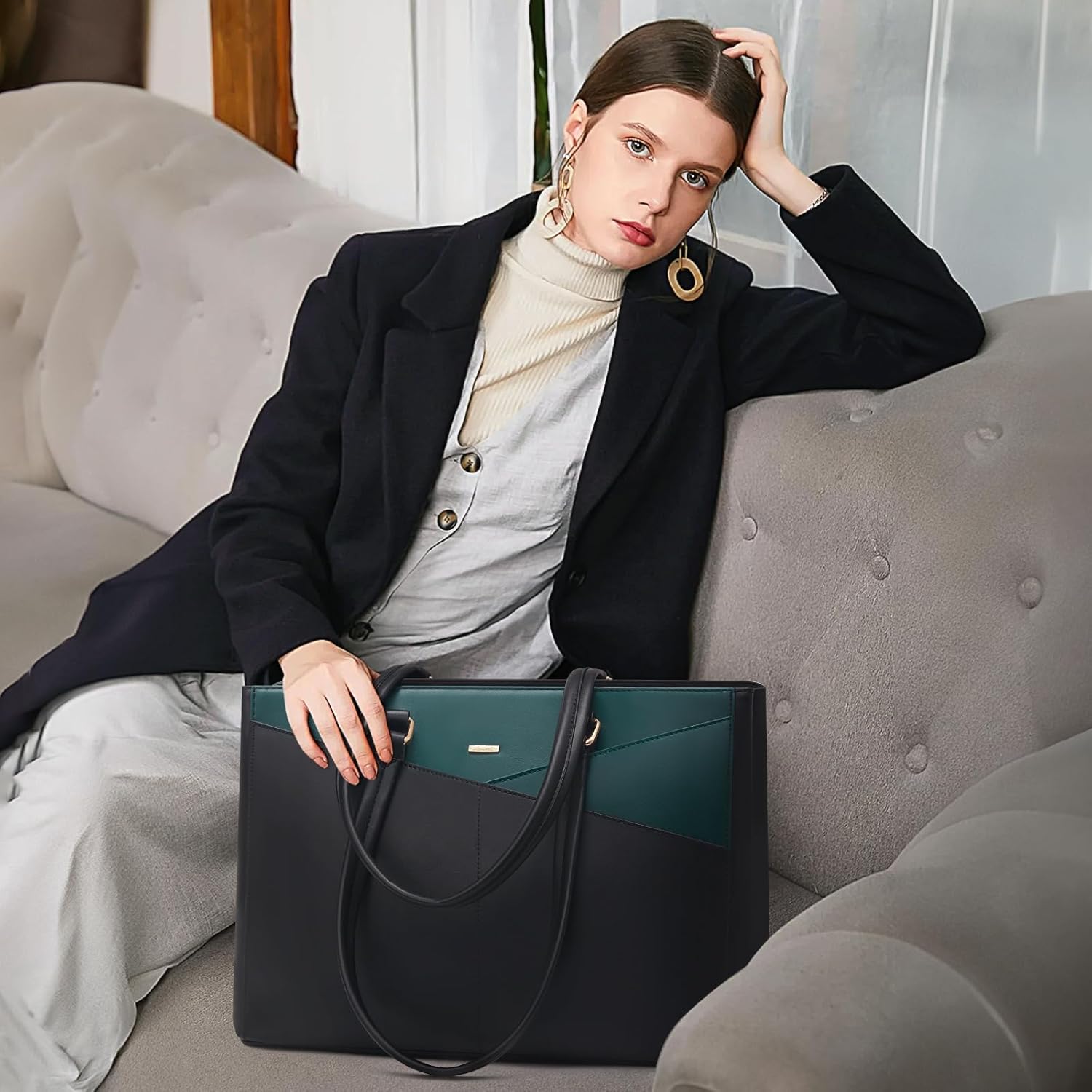 LOVEVOOK Laptop Tote Bag for Women 15.6 Inch Waterproof Leather Computer Bags Business Office Work Briefcase Black