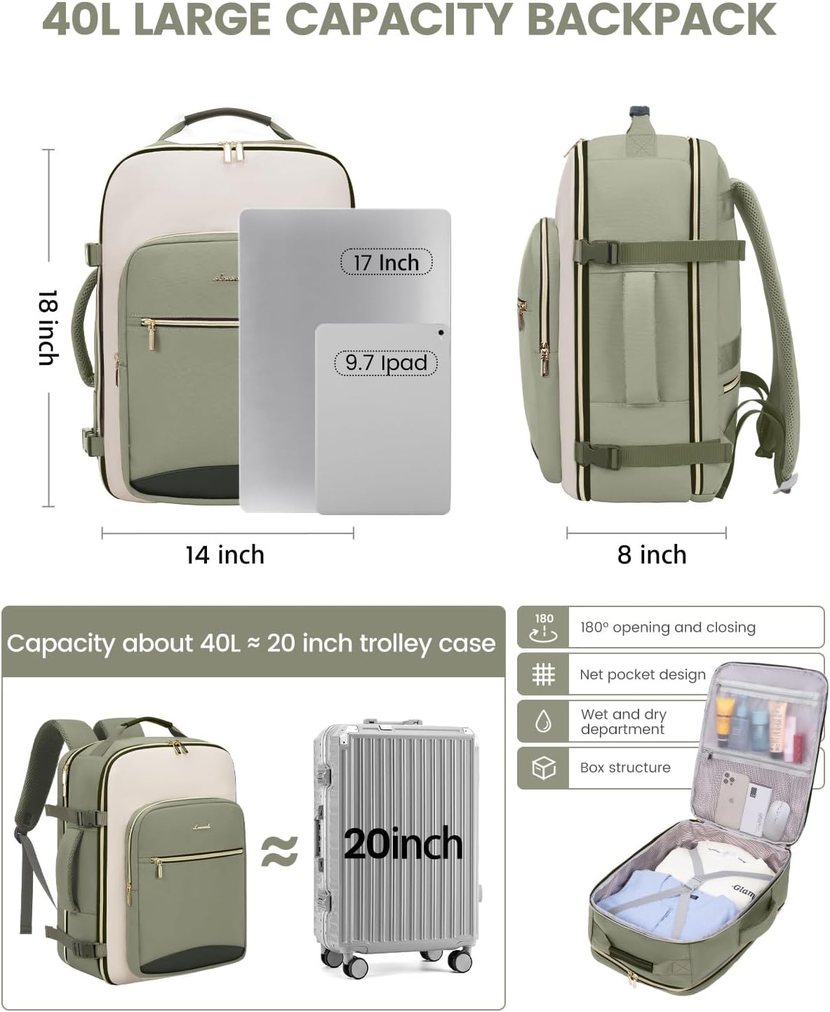 LOVEVOOK 40L Travel Backpack for Women & Men, Large Carry on Backpack for Airplanes with 3 Packing Cubes, TSA Personal Item Travel Bag fits 17" Laptop, Waterproof Weekender Essentials Airline Approved