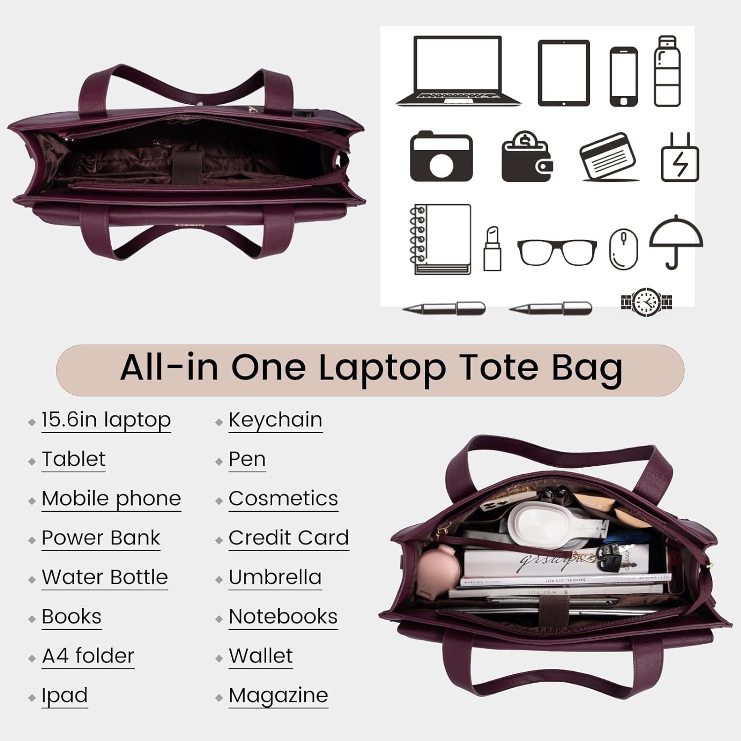 LOVEVOOK Laptop Bag for Women 15.6 Inch Tote Work Professional Leather Computer Briefcase Waterproof Handbag Shoulder Large Capacity Business Teacher Office Crossbody Purse