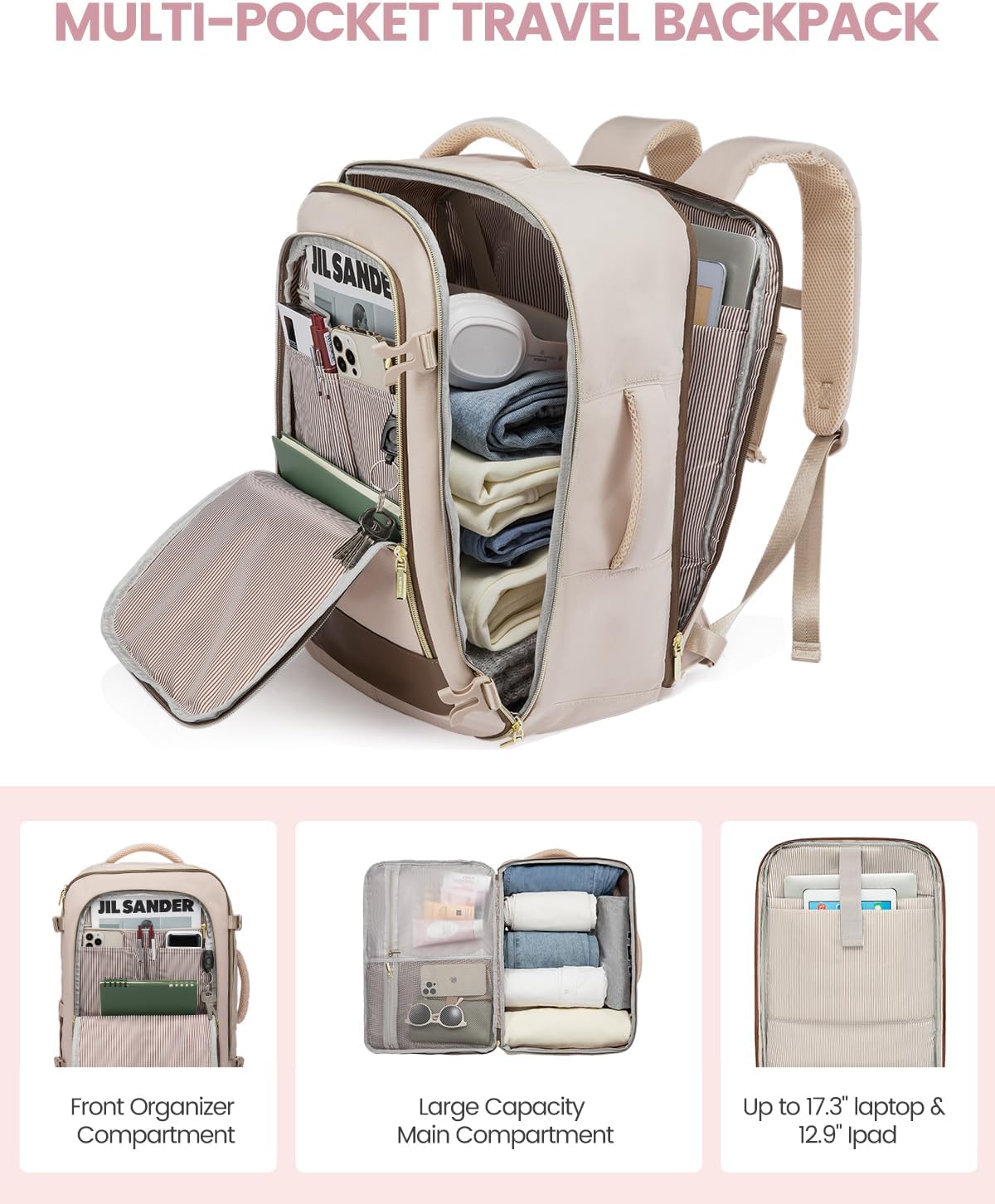 LOVEVOOK Travel Backpack for Women, 40L Carry On Backpack Flight Approved, Large Personal Item Bag Fits 17 inch Laptop, TSA Approved Luggage with 3 Packing Cubes,Waterproof Weekender Gym Daypack
