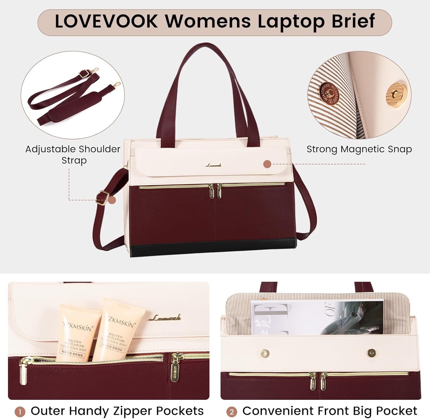 LOVEVOOK Laptop Bag for Women 15.6 Inch Tote Work Professional Leather Computer Briefcase Waterproof Handbag Shoulder Large Capacity Business Teacher Office Crossbody Purse