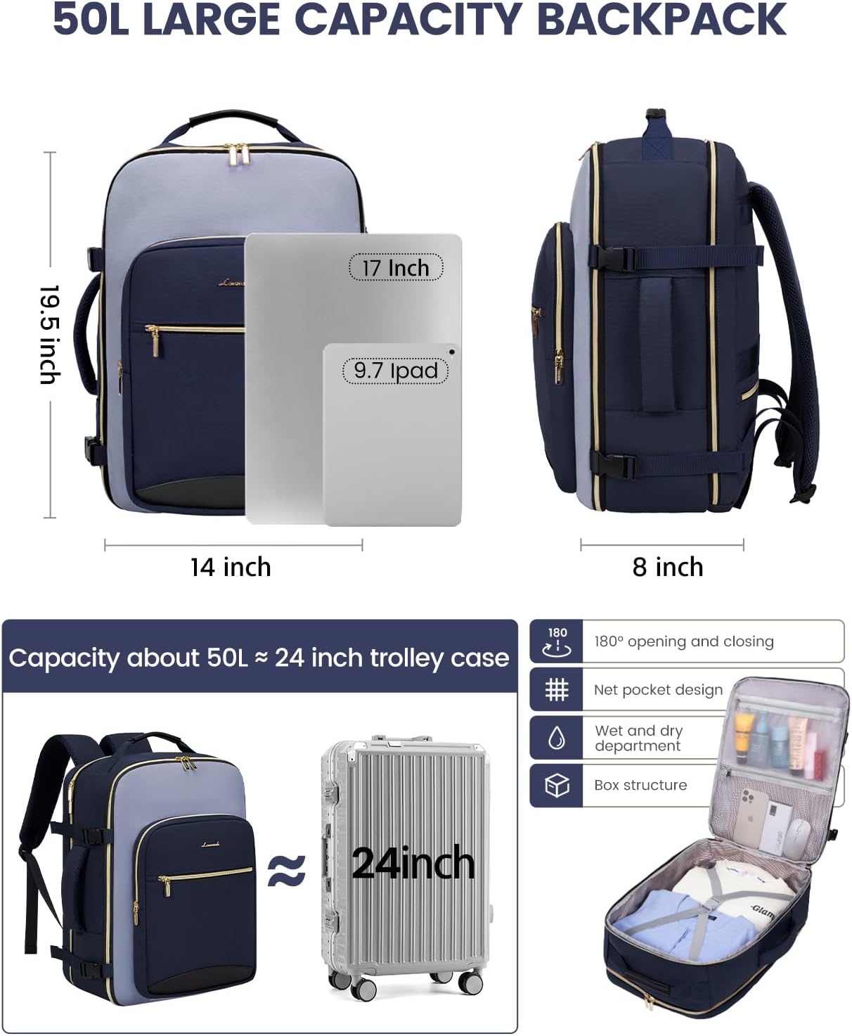 LOVEVOOK 40L Travel Backpack for Women & Men, Large Carry on Backpack for Airplanes with 3 Packing Cubes, TSA Personal Item Travel Bag fits 17" Laptop, Waterproof Weekender Essentials Airline Approved