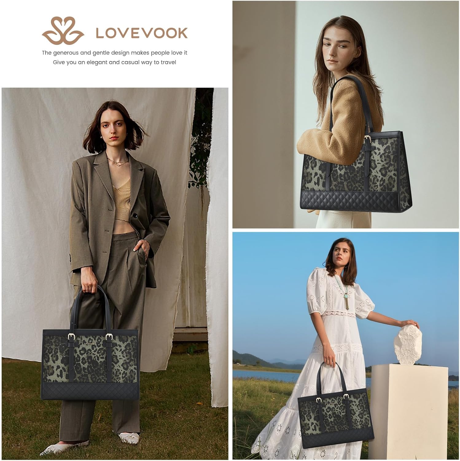 LOVEVOOK Laptop Bag for Women 15.6 inch Canvas Laptop Tote Bag, Large Capacity Work Bag with Clutch Purse, Computer Bag Office Business Briefcase, Casual Handbag for Travel College Teacher School