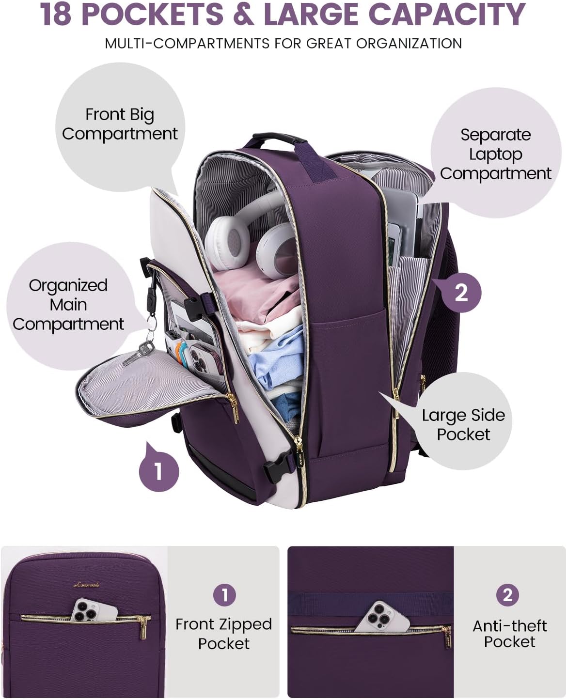 LOVEVOOK 40L Travel Backpack for Women & Men, Large Carry on Backpack for Airplanes with 3 Packing Cubes, TSA Personal Item Travel Bag fits 17" Laptop, Waterproof Weekender Essentials Airline Approved