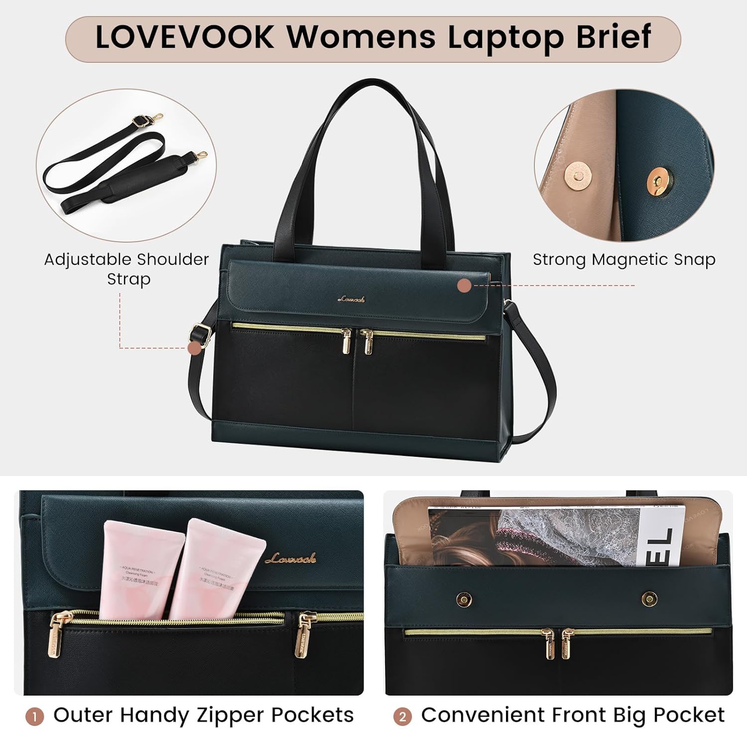 LOVEVOOK Laptop Bag for Women 15.6 Inch Tote Work Professional Leather Computer Briefcase Waterproof Handbag Shoulder Large Capacity Business Teacher Office Crossbody Purse