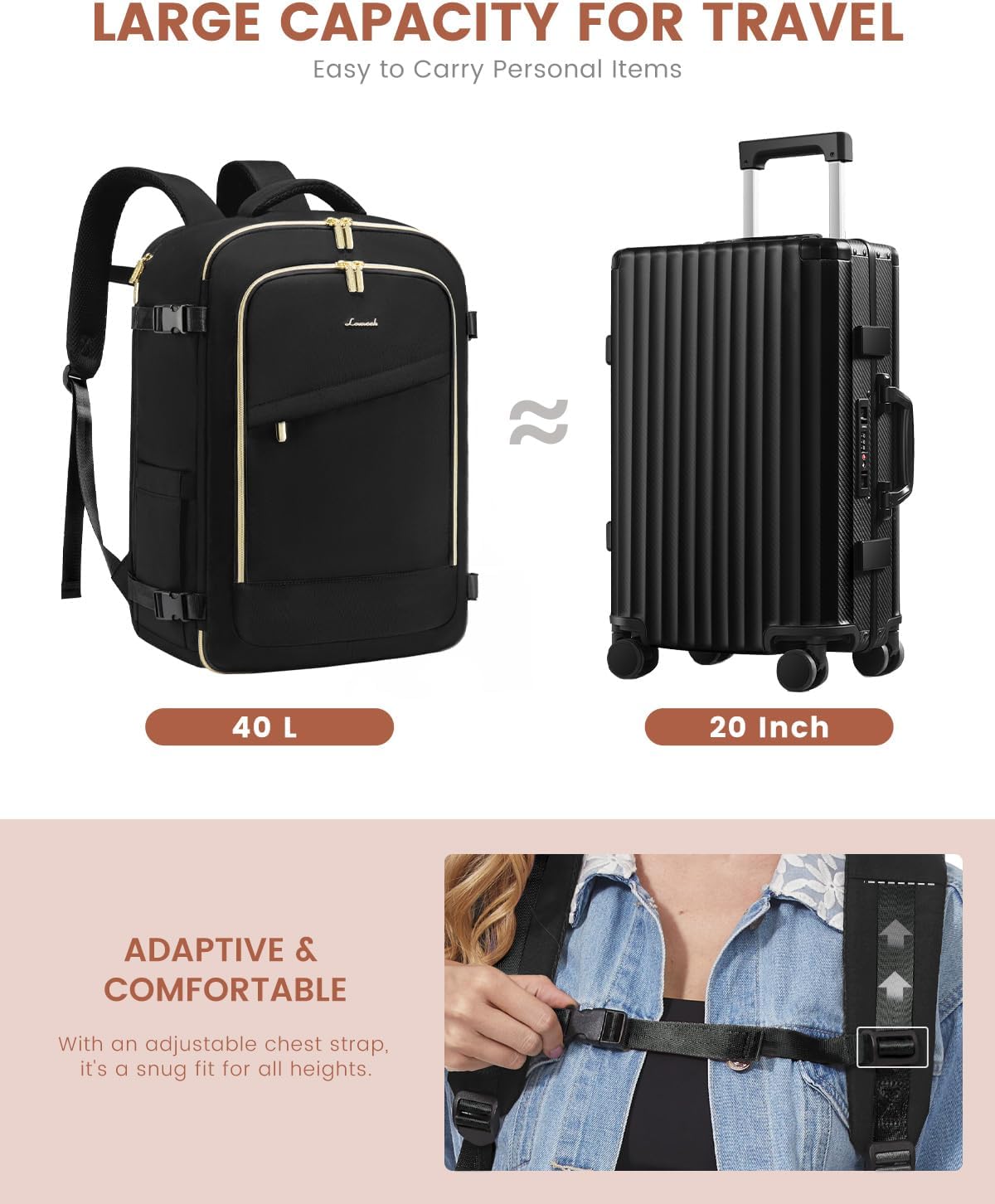 LOVEVOOK Travel Backpack for Women, 40L Carry On Backpack Flight Approved, Large Personal Item Bag Fits 17 inch Laptop, TSA Approved Luggage with 3 Packing Cubes,Waterproof Weekender Gym Daypack