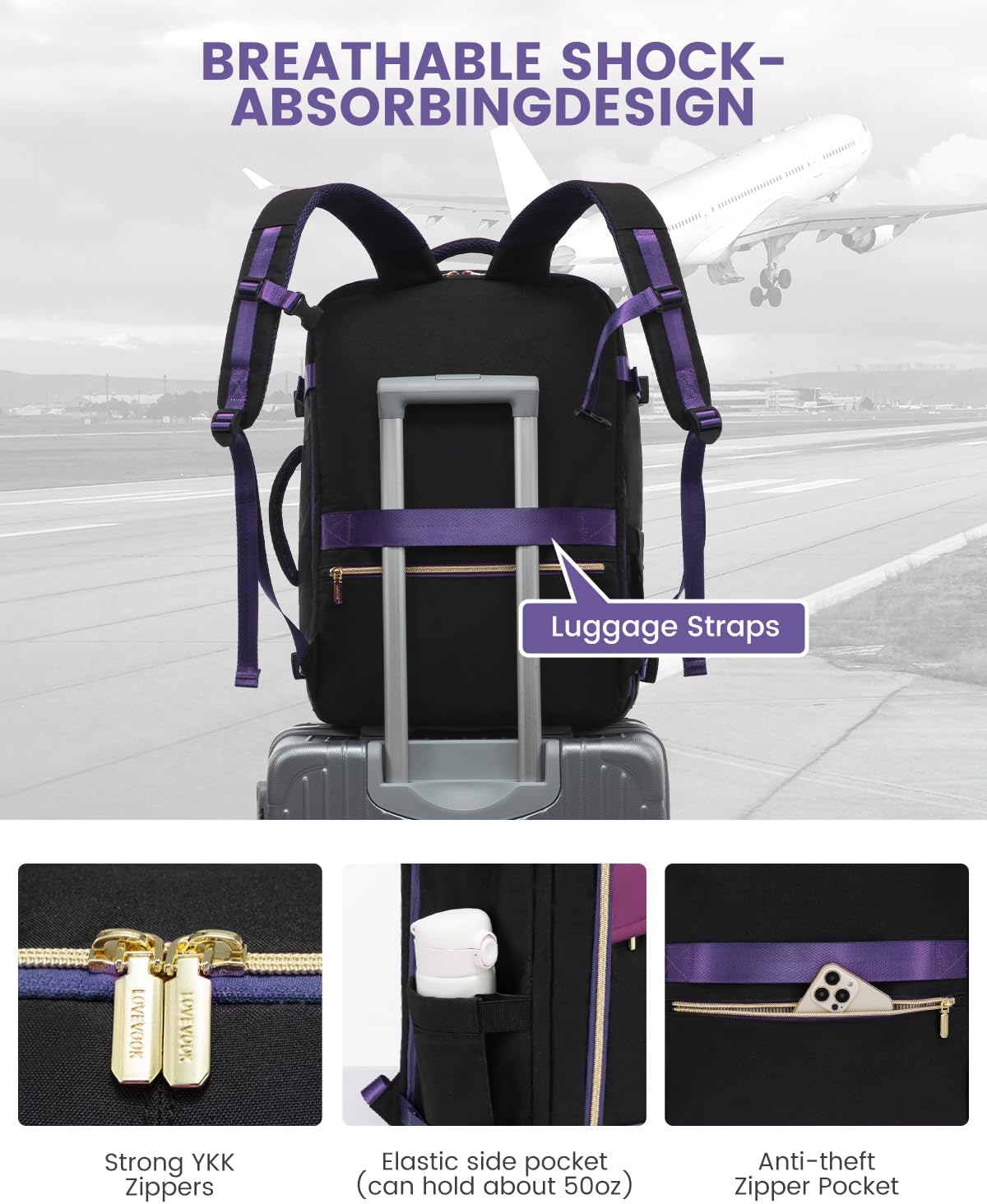LOVEVOOK Travel Backpack for Women, 40L Carry On Backpack Flight Approved, Large Personal Item Bag Fits 17 inch Laptop, TSA Approved Luggage with 3 Packing Cubes,Waterproof Weekender Gym Daypack