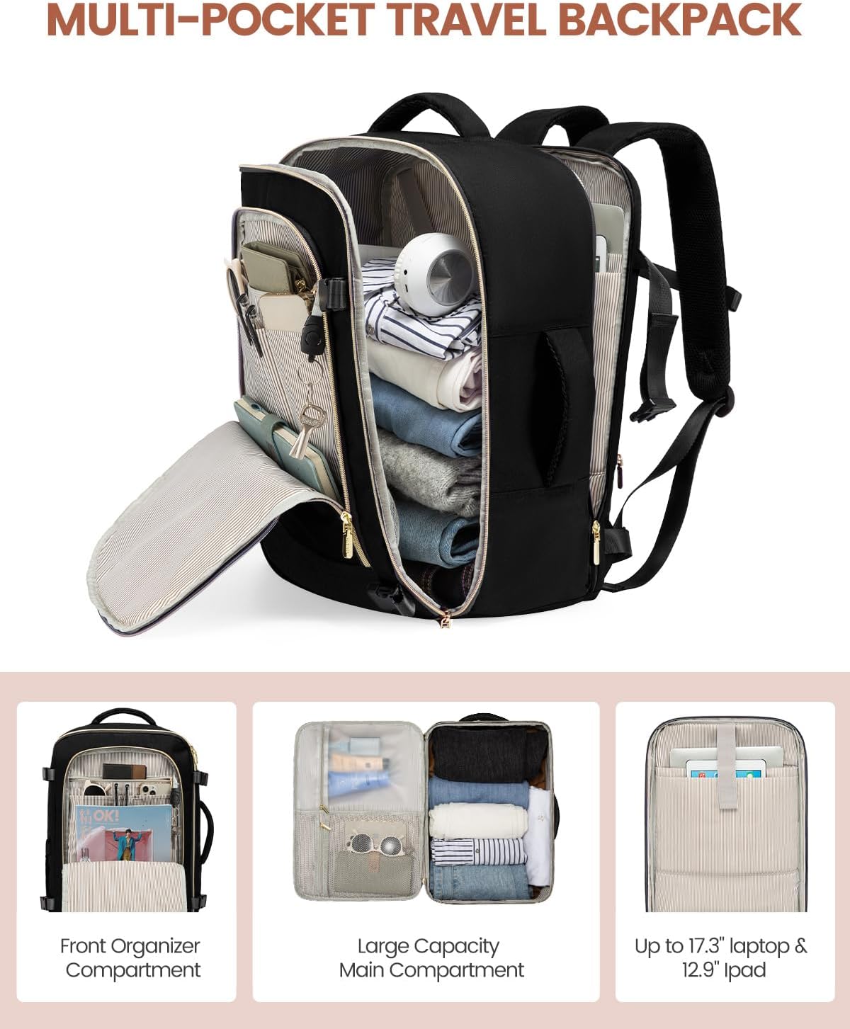 LOVEVOOK Travel Backpack for Women, 40L Carry On Backpack Flight Approved, Large Personal Item Bag Fits 17 inch Laptop, TSA Approved Luggage with 3 Packing Cubes,Waterproof Weekender Gym Daypack