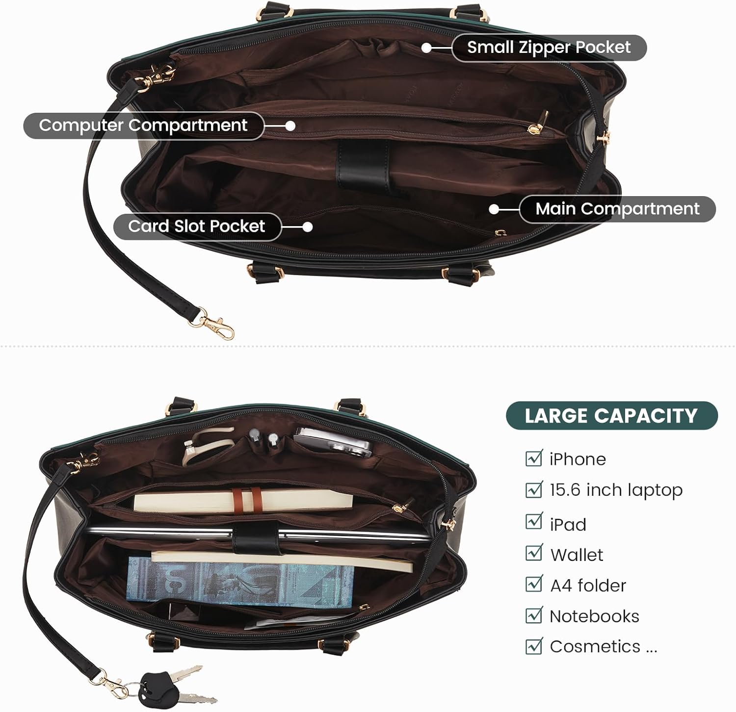 LOVEVOOK Laptop Tote Bag for Women 15.6 Inch Waterproof Leather Computer Bags Business Office Work Briefcase Black