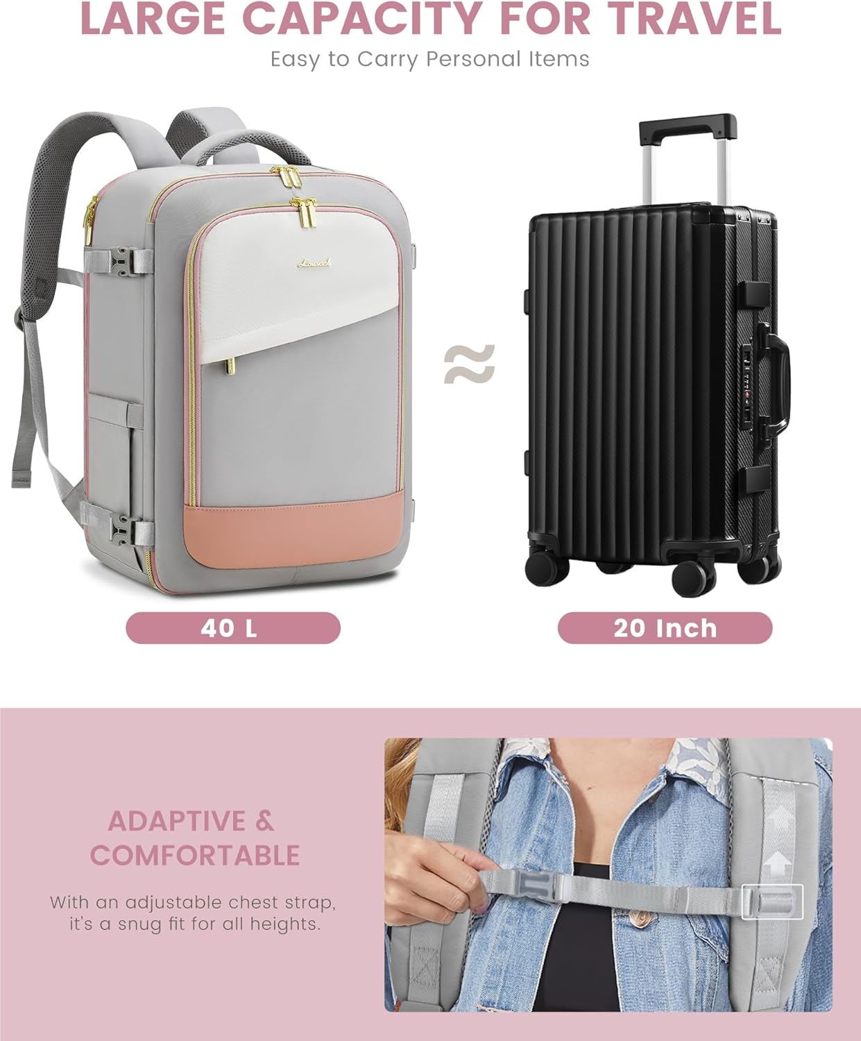 LOVEVOOK Travel Backpack for Women, 40L Carry On Backpack Flight Approved, Large Personal Item Bag Fits 17 inch Laptop, TSA Approved Luggage with 3 Packing Cubes,Waterproof Weekender Gym Daypack