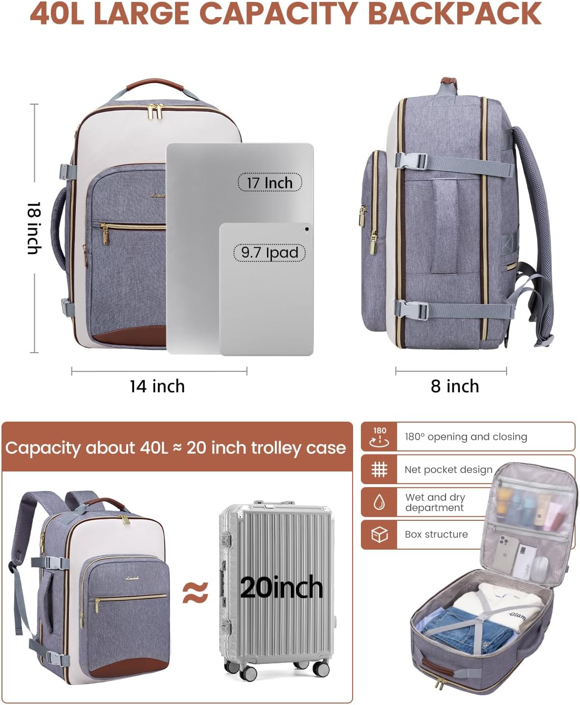 LOVEVOOK 40L Travel Backpack for Women & Men, Large Carry on Backpack for Airplanes with 3 Packing Cubes, TSA Personal Item Travel Bag fits 17" Laptop, Waterproof Weekender Essentials Airline Approved