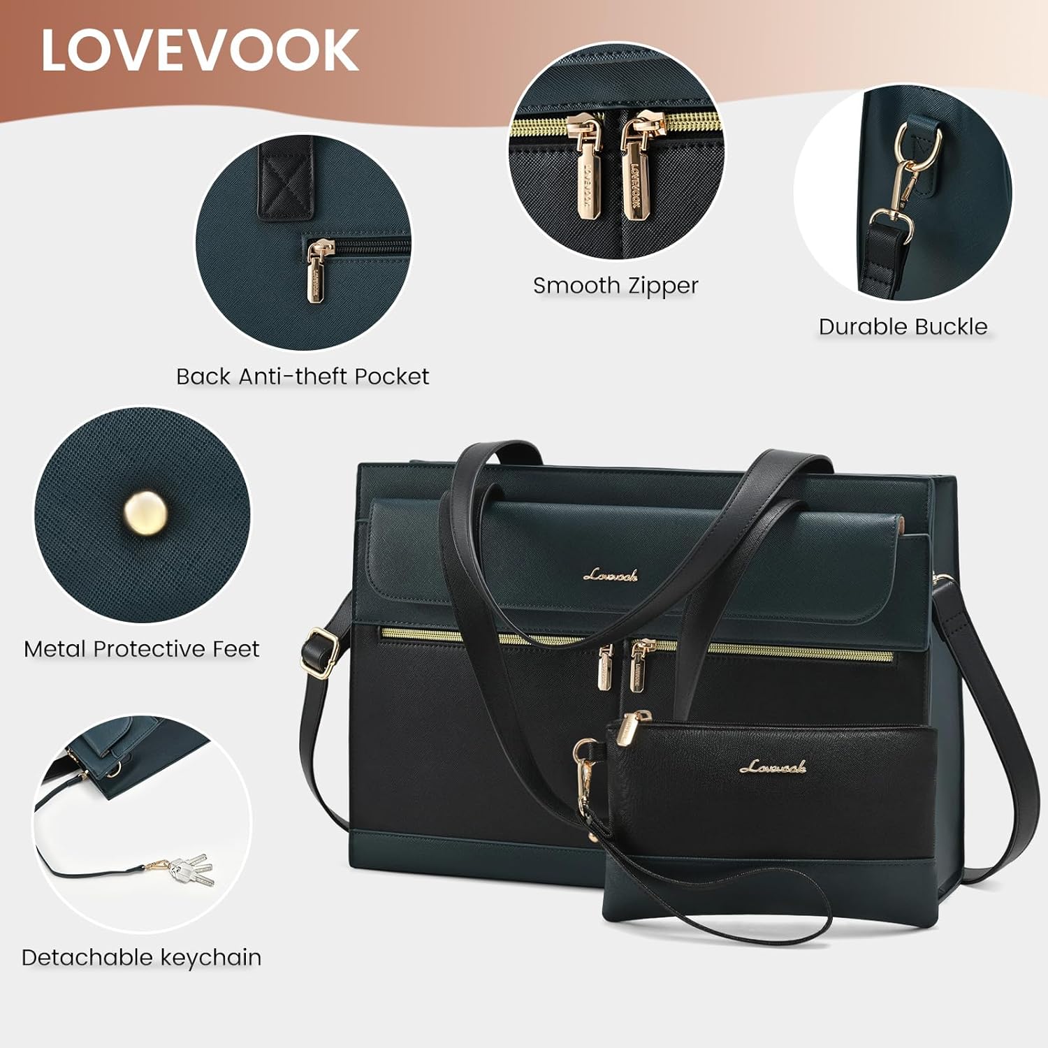 LOVEVOOK Laptop Bag for Women 15.6 Inch Tote Work Professional Leather Computer Briefcase Waterproof Handbag Shoulder Large Capacity Business Teacher Office Crossbody Purse