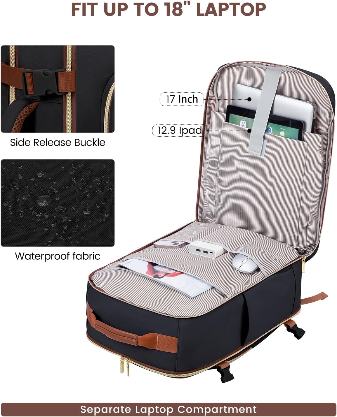 LOVEVOOK 40L Travel Backpack for Women & Men, Large Carry on Backpack for Airplanes with 3 Packing Cubes, TSA Personal Item Travel Bag fits 17" Laptop, Waterproof Weekender Essentials Airline Approved