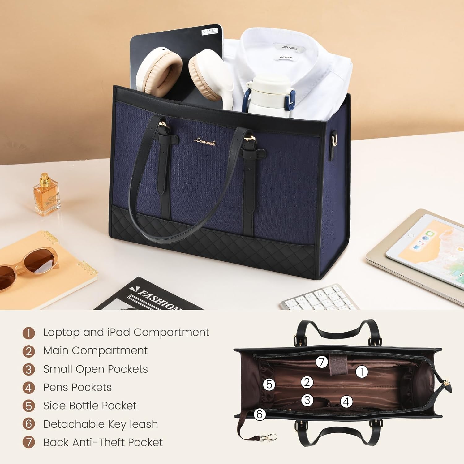 LOVEVOOK Laptop Bag for Women 15.6 inch Canvas Laptop Tote Bag, Large Capacity Work Bag with Clutch Purse, Computer Bag Office Business Briefcase, Casual Handbag for Travel College Teacher School