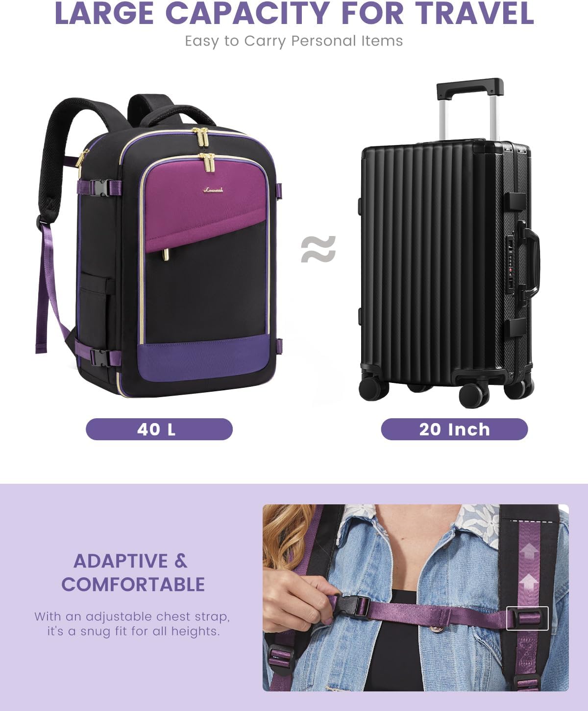 LOVEVOOK Travel Backpack for Women, 40L Carry On Backpack Flight Approved, Large Personal Item Bag Fits 17 inch Laptop, TSA Approved Luggage with 3 Packing Cubes,Waterproof Weekender Gym Daypack