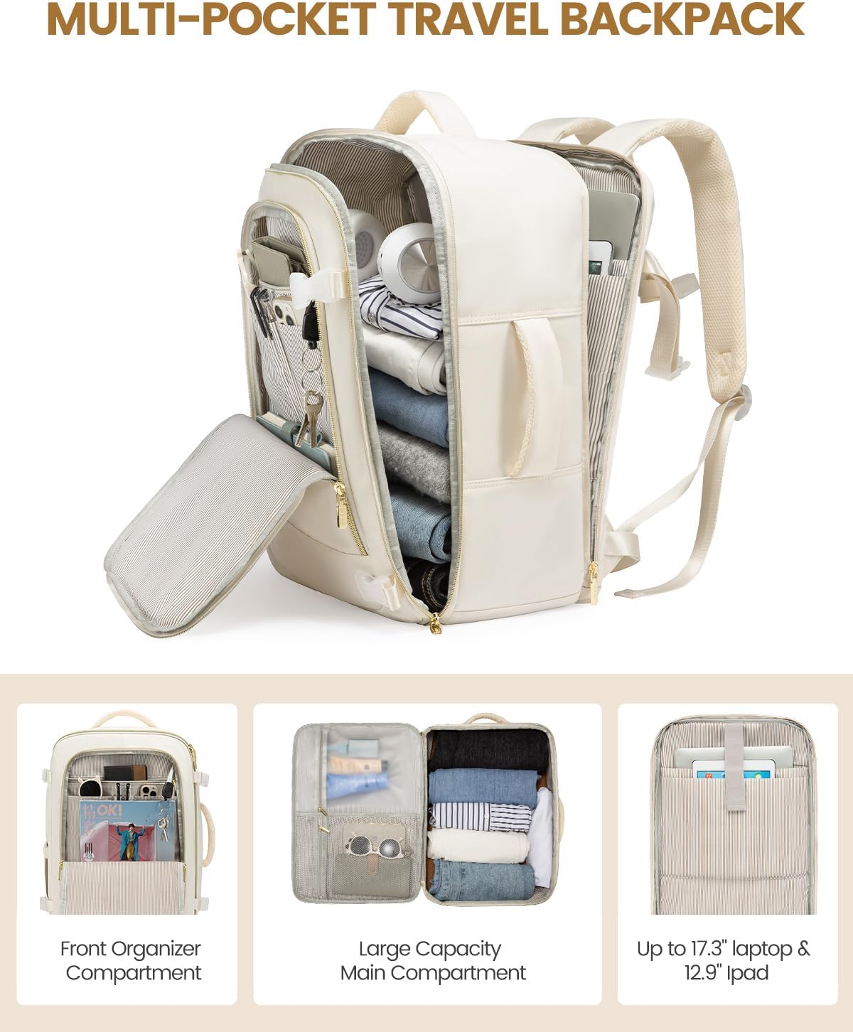 LOVEVOOK Travel Backpack for Women, 40L Carry On Backpack Flight Approved, Large Personal Item Bag Fits 17 inch Laptop, TSA Approved Luggage with 3 Packing Cubes,Waterproof Weekender Gym Daypack