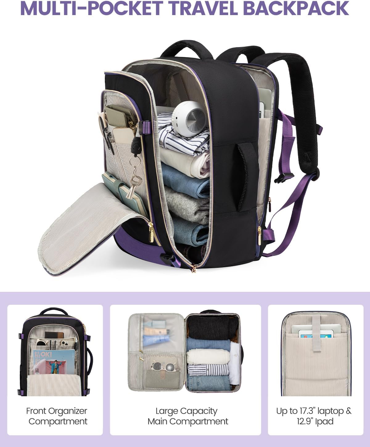 LOVEVOOK Travel Backpack for Women, 40L Carry On Backpack Flight Approved, Large Personal Item Bag Fits 17 inch Laptop, TSA Approved Luggage with 3 Packing Cubes,Waterproof Weekender Gym Daypack