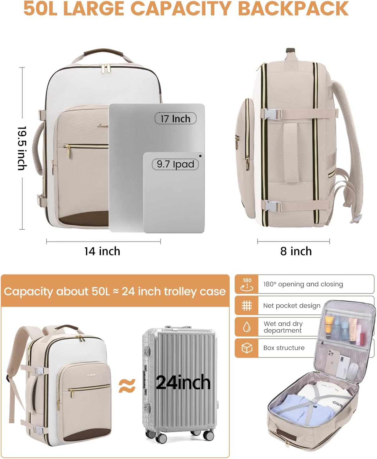 LOVEVOOK 40L Travel Backpack for Women & Men, Large Carry on Backpack for Airplanes with 3 Packing Cubes, TSA Personal Item Travel Bag fits 17" Laptop, Waterproof Weekender Essentials Airline Approved