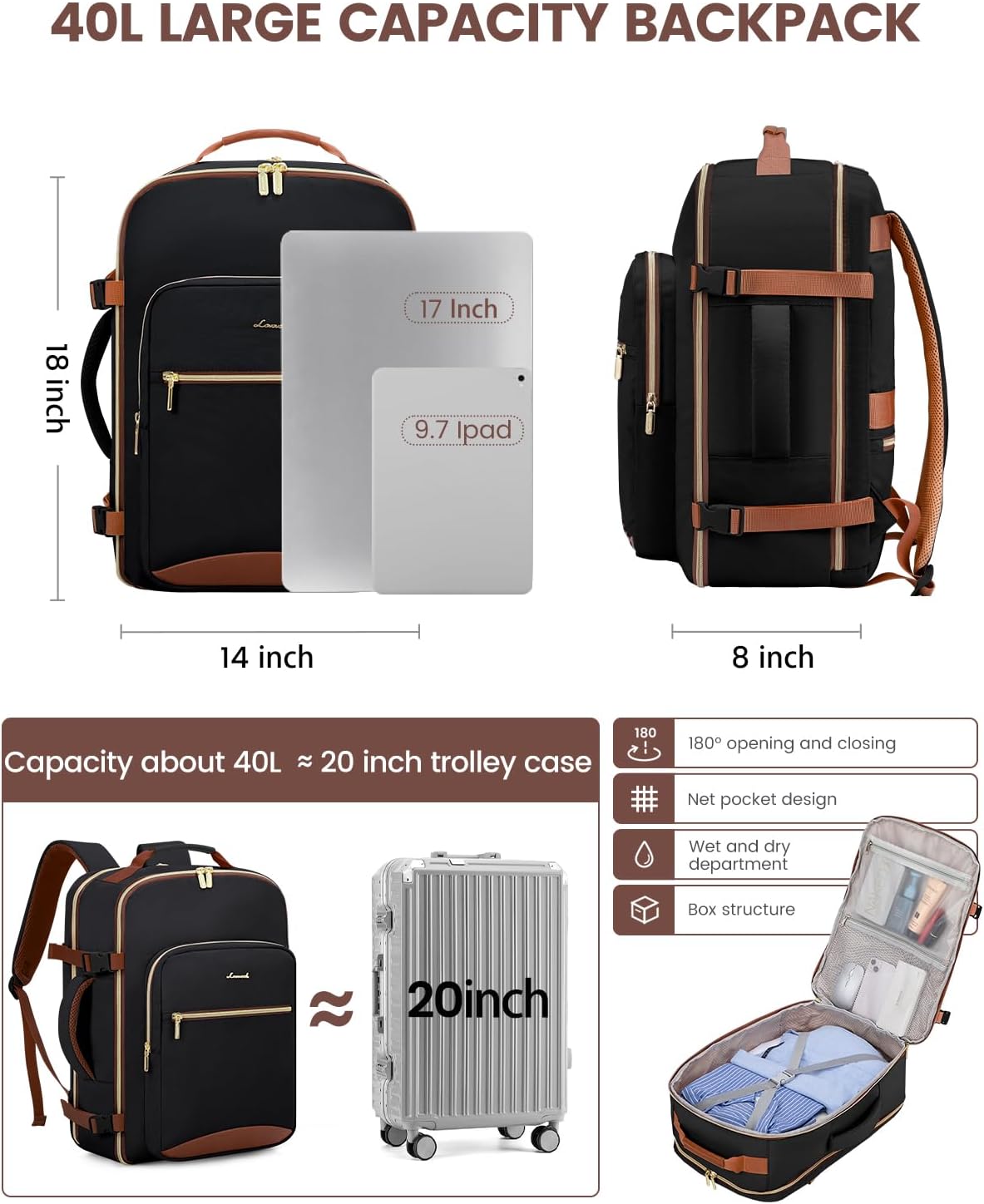 LOVEVOOK 40L Travel Backpack for Women & Men, Large Carry on Backpack for Airplanes with 3 Packing Cubes, TSA Personal Item Travel Bag fits 17" Laptop, Waterproof Weekender Essentials Airline Approved