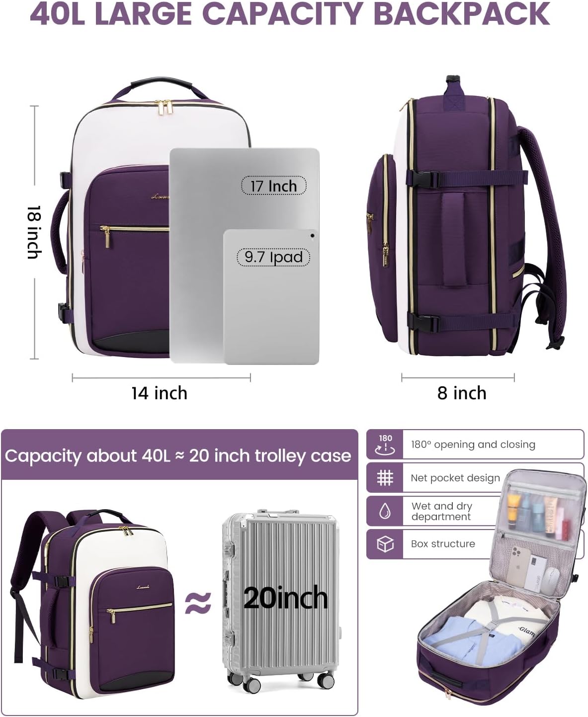 LOVEVOOK 40L Travel Backpack for Women & Men, Large Carry on Backpack for Airplanes with 3 Packing Cubes, TSA Personal Item Travel Bag fits 17" Laptop, Waterproof Weekender Essentials Airline Approved