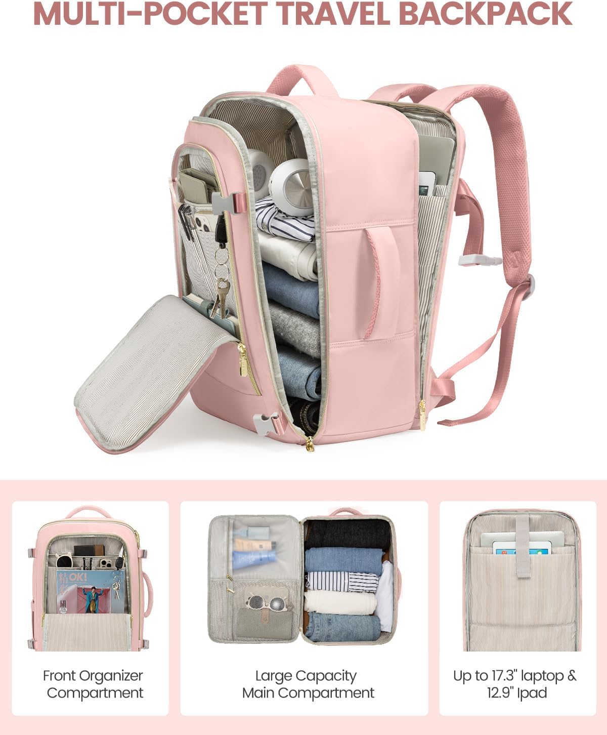 LOVEVOOK Travel Backpack for Women, 40L Carry On Backpack Flight Approved, Large Personal Item Bag Fits 17 inch Laptop, TSA Approved Luggage with 3 Packing Cubes,Waterproof Weekender Gym Daypack