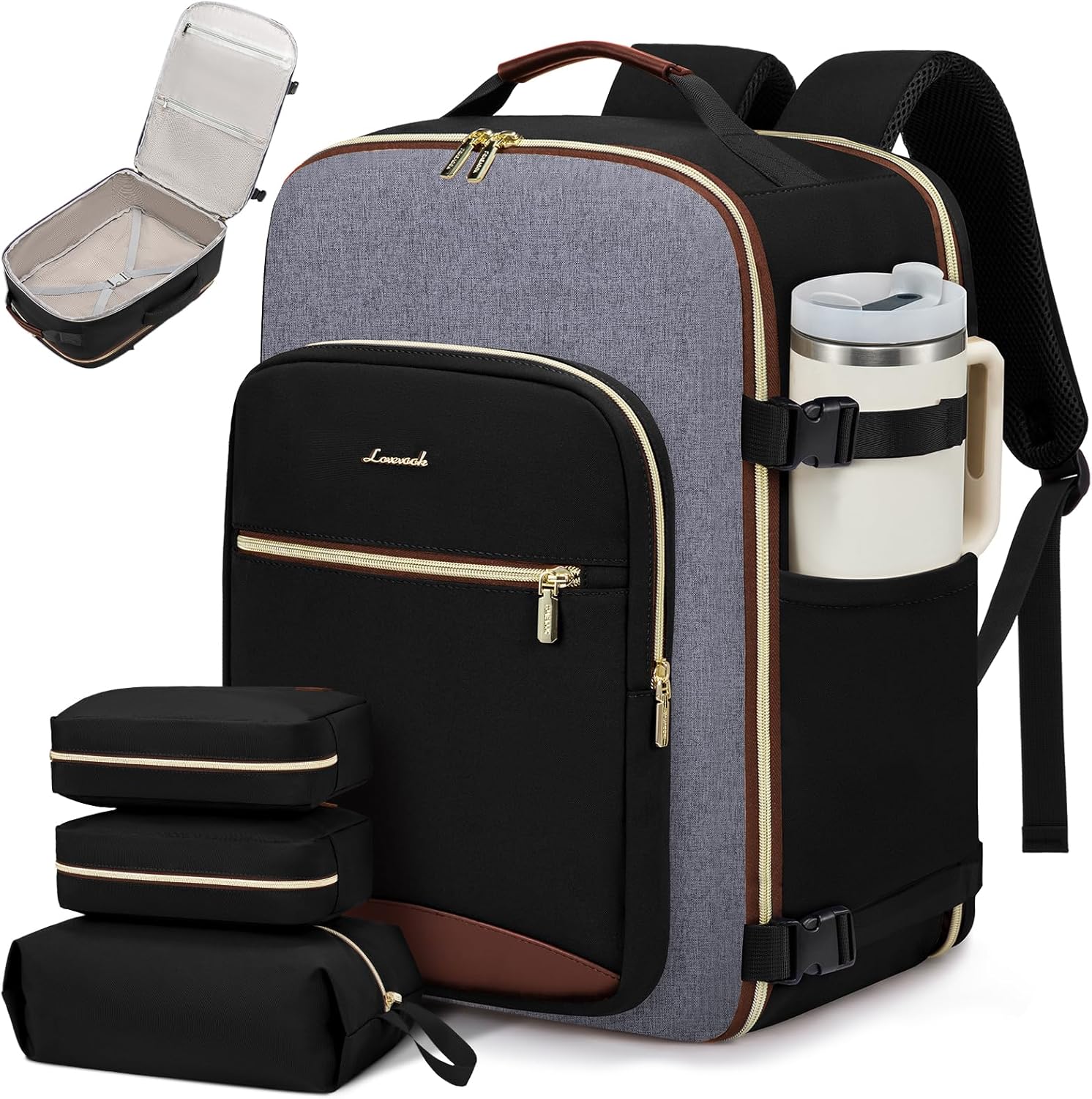 LOVEVOOK 40L Travel Backpack for Women & Men, Large Carry on Backpack for Airplanes with 3 Packing Cubes, TSA Personal Item Travel Bag fits 17" Laptop, Waterproof Weekender Essentials Airline Approved