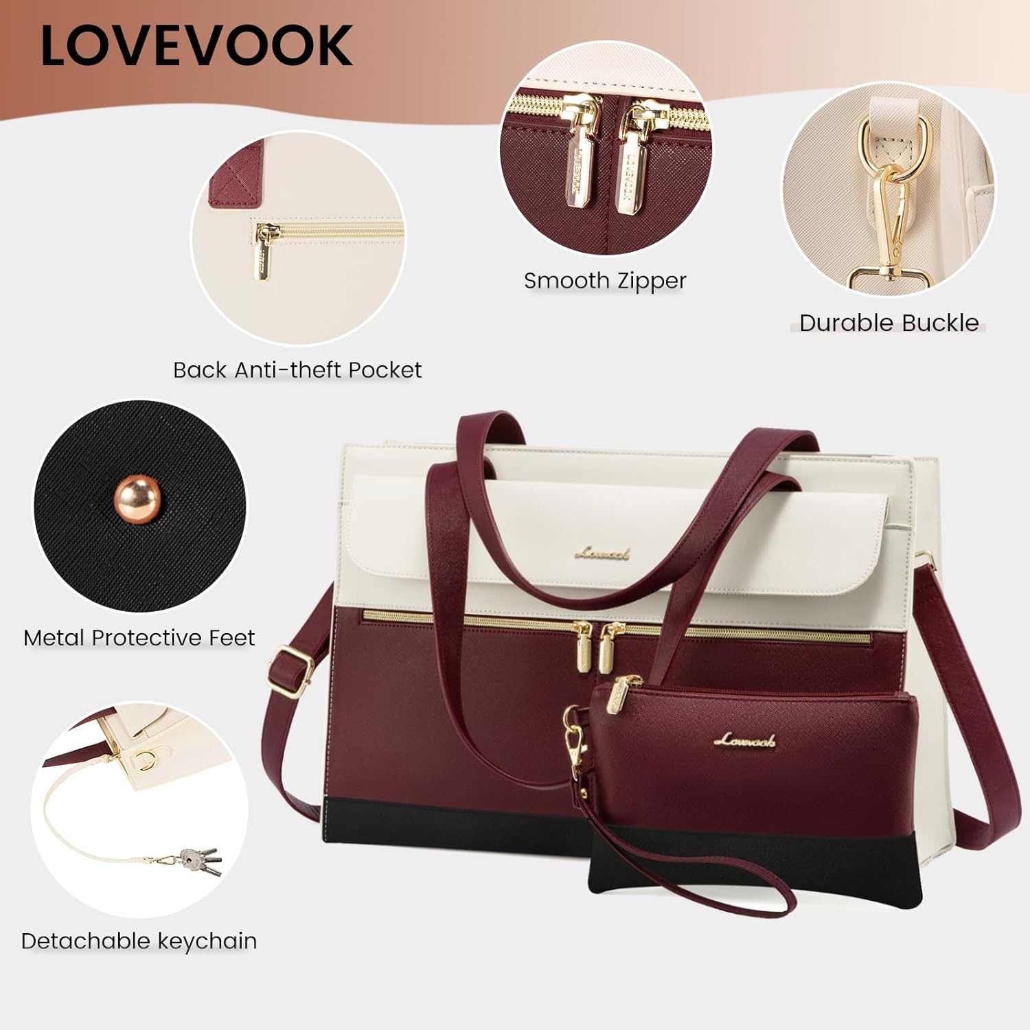 LOVEVOOK Laptop Bag for Women 15.6 Inch Tote Work Professional Leather Computer Briefcase Waterproof Handbag Shoulder Large Capacity Business Teacher Office Crossbody Purse