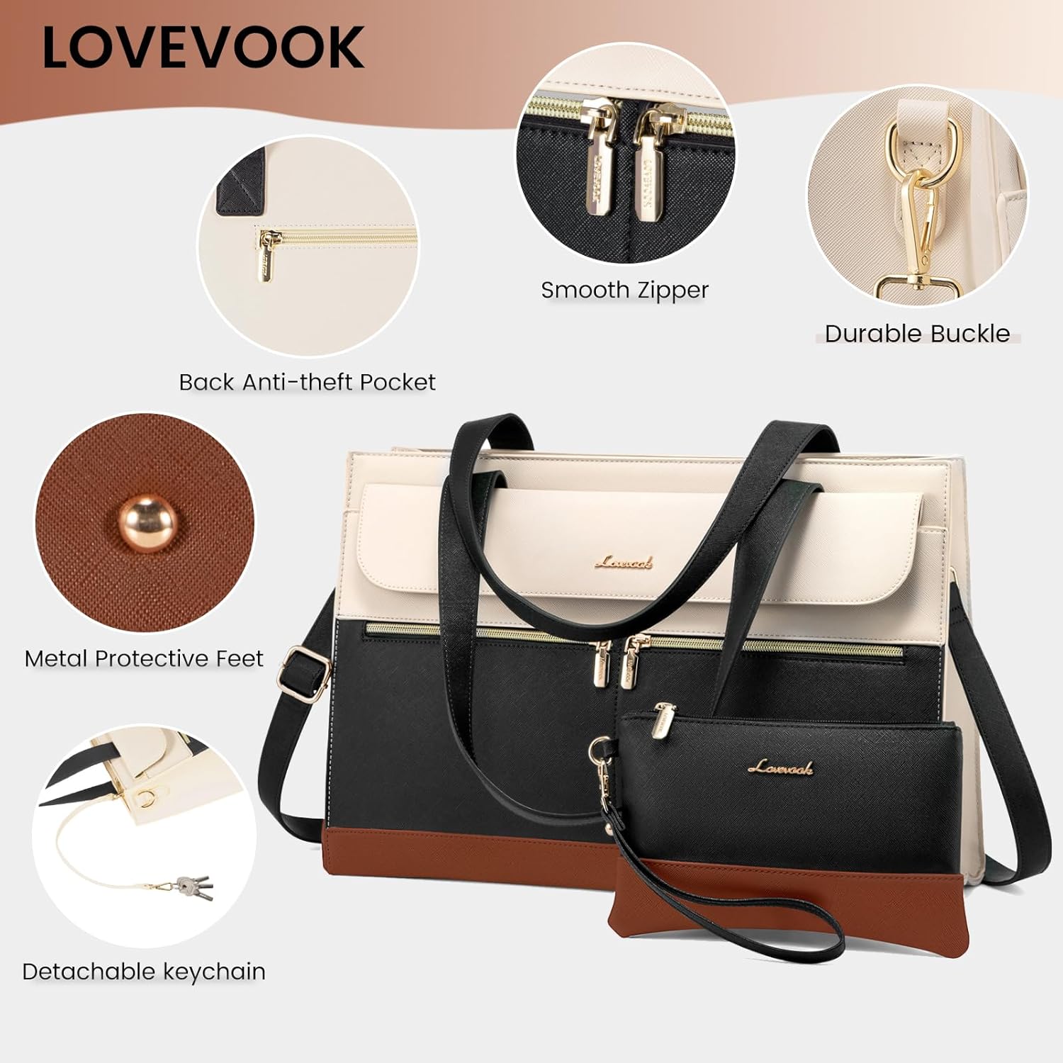 LOVEVOOK Laptop Bag for Women 15.6 Inch Tote Work Professional Leather Computer Briefcase Waterproof Handbag Shoulder Large Capacity Business Teacher Office Crossbody Purse