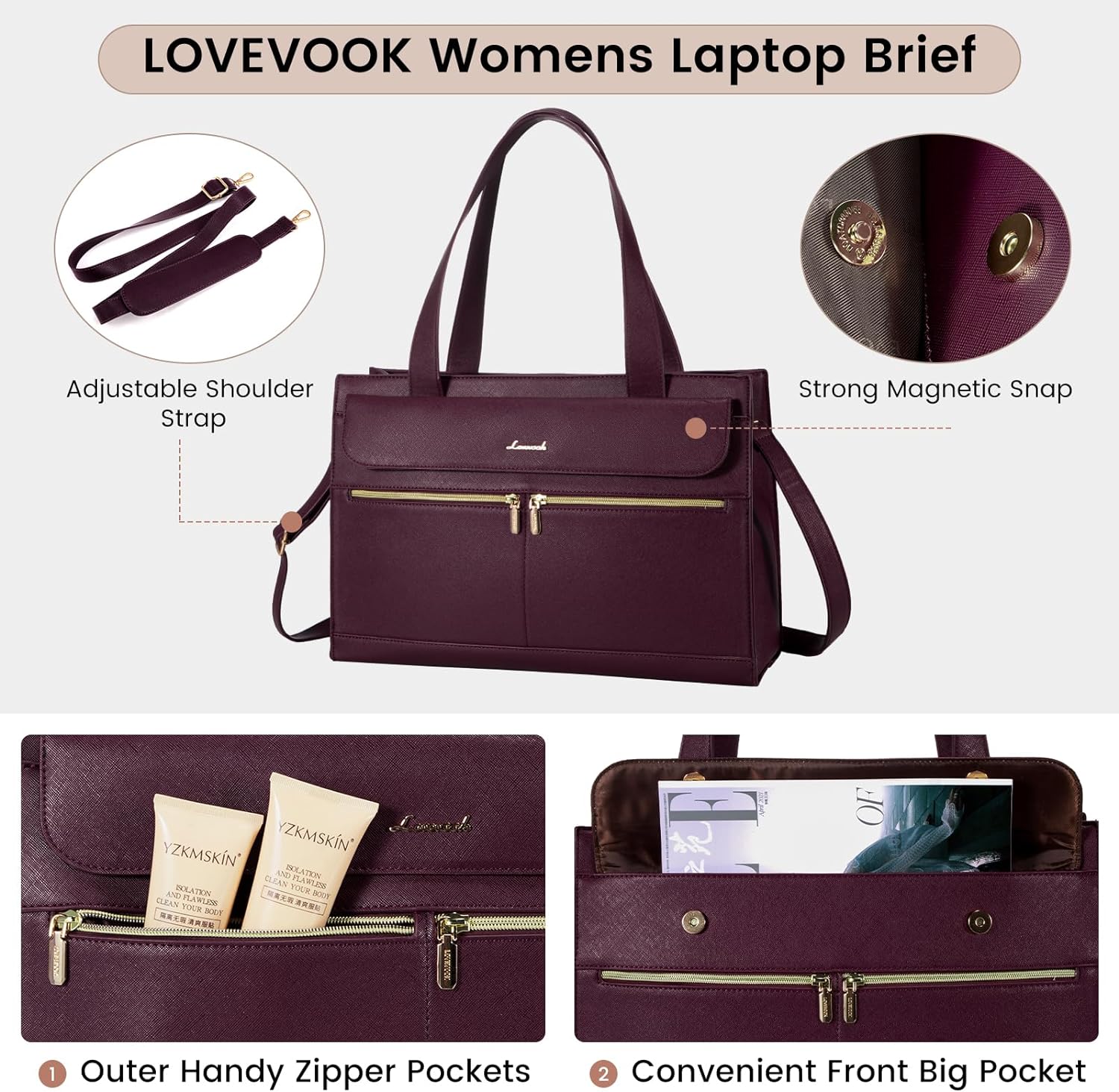 LOVEVOOK Laptop Bag for Women 15.6 Inch Tote Work Professional Leather Computer Briefcase Waterproof Handbag Shoulder Large Capacity Business Teacher Office Crossbody Purse