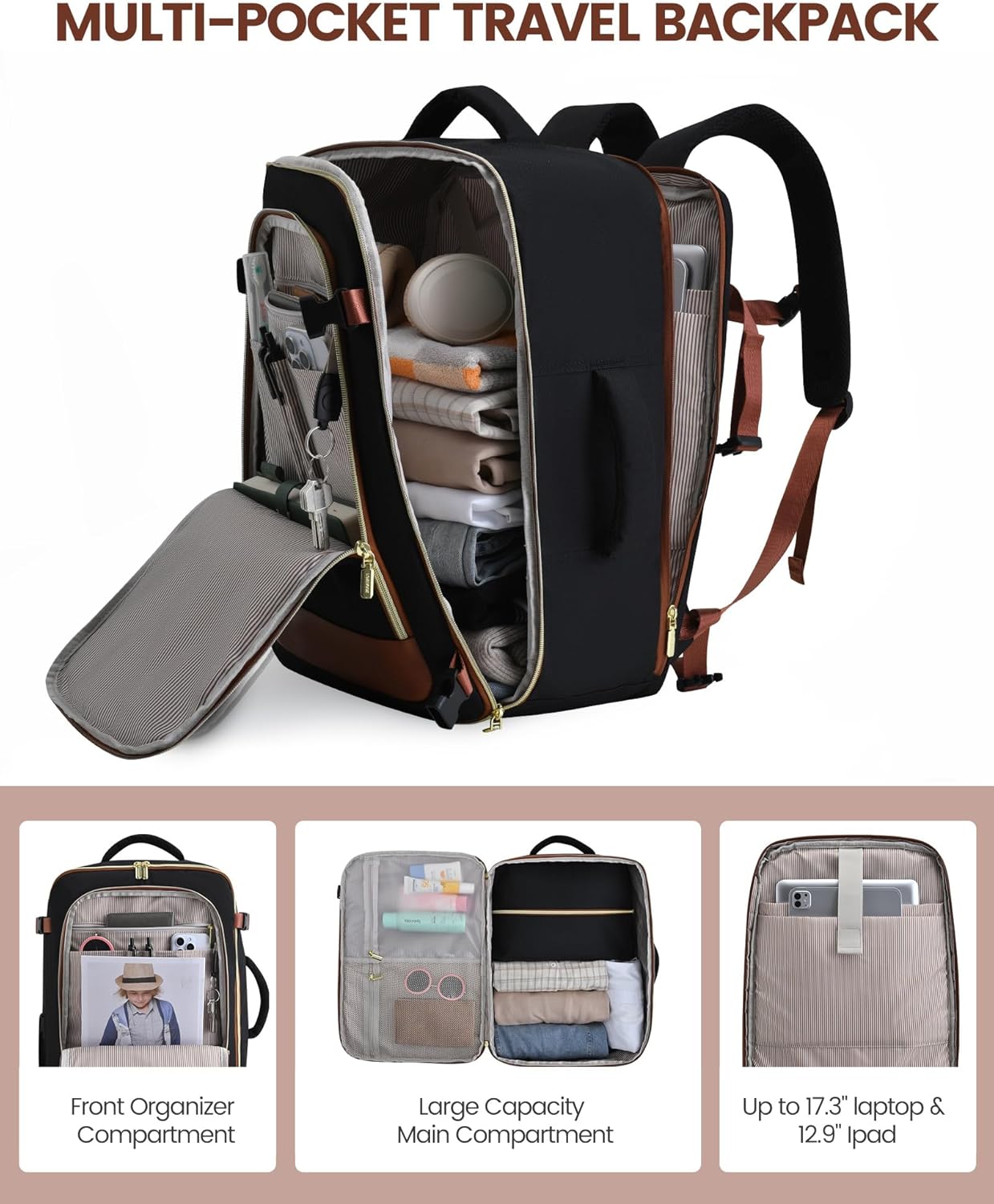 LOVEVOOK Travel Backpack for Women, 40L Carry On Backpack Flight Approved, Large Personal Item Bag Fits 17 inch Laptop, TSA Approved Luggage with 3 Packing Cubes,Waterproof Weekender Gym Daypack