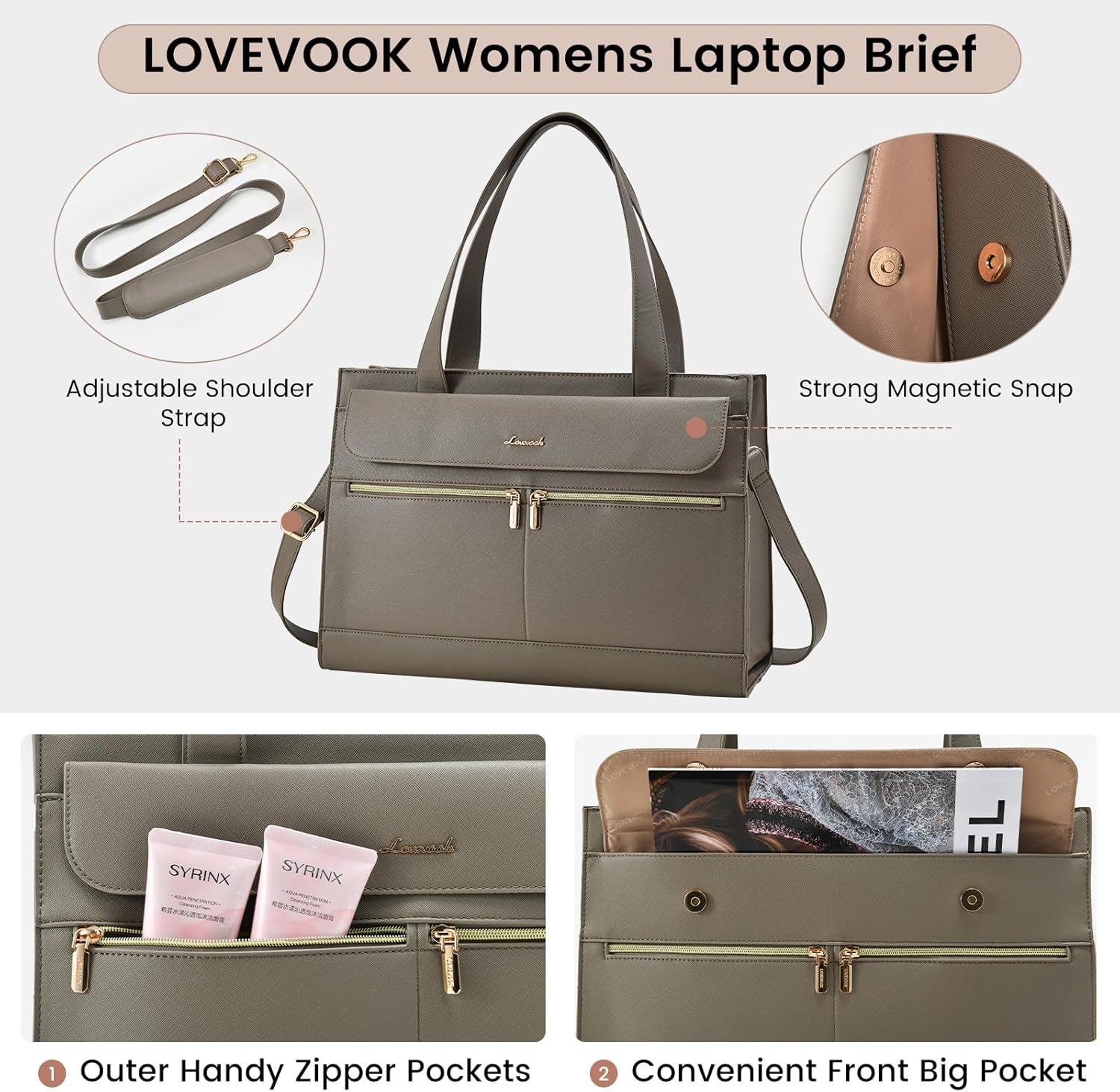 LOVEVOOK Laptop Bag for Women 15.6 Inch Tote Work Professional Leather Computer Briefcase Waterproof Handbag Shoulder Large Capacity Business Teacher Office Crossbody Purse