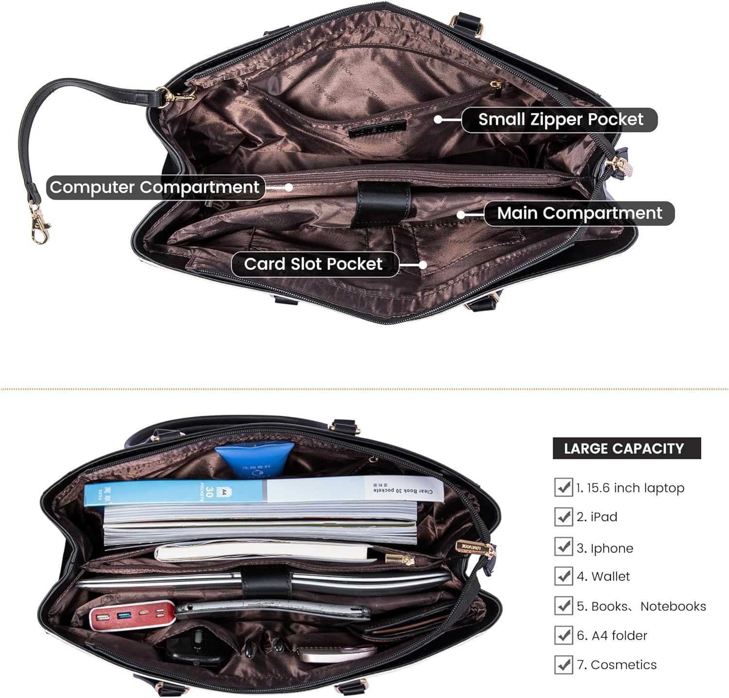 LOVEVOOK Laptop Tote Bag for Women 15.6 Inch Waterproof Leather Computer Bags Business Office Work Briefcase Black