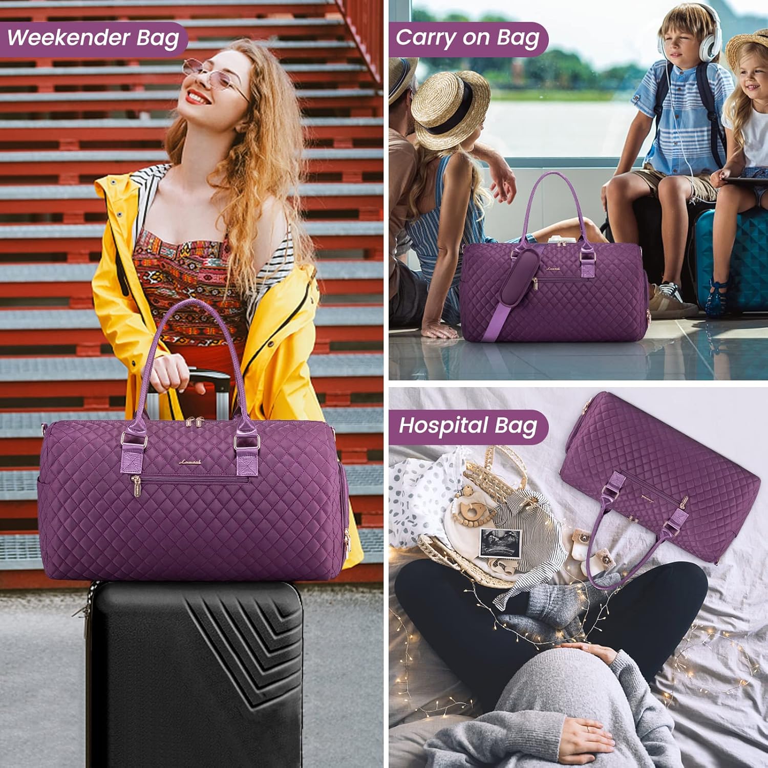 LOVEVOOK Travel Duffle Bag, Weekender Bag for Women with Toiletry Bag, Carry on Overnight Bag with Shoe Compartment, Gym Duffel Bag with Wet Pocket, Mommy Hospital Bags for Labor and Delivery