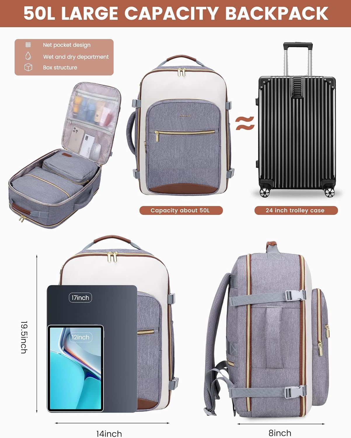 LOVEVOOK 40L Travel Backpack for Women & Men, Large Carry on Backpack for Airplanes with 3 Packing Cubes, TSA Personal Item Travel Bag fits 17" Laptop, Waterproof Weekender Essentials Airline Approved